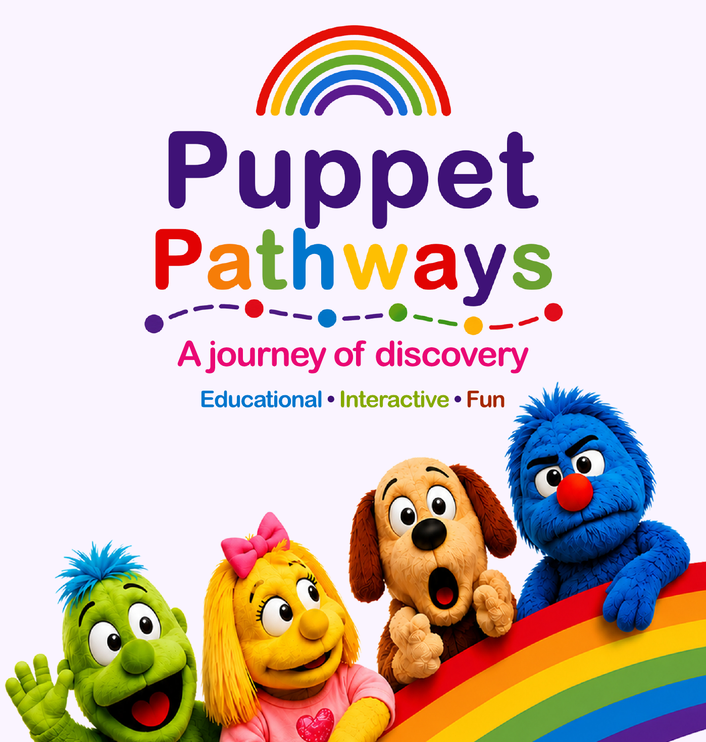 Puppet Pathways rainbow branding above four colourful puppet characters